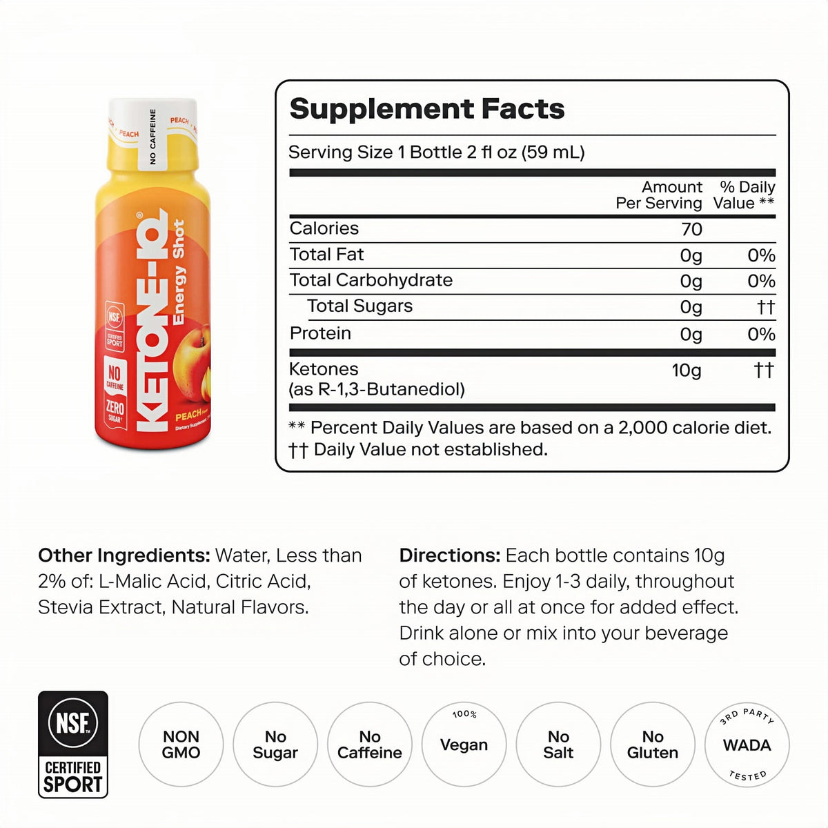Ketone-IQ No Caffeine Ketone Shots for Focus, Peach, 24 Pack